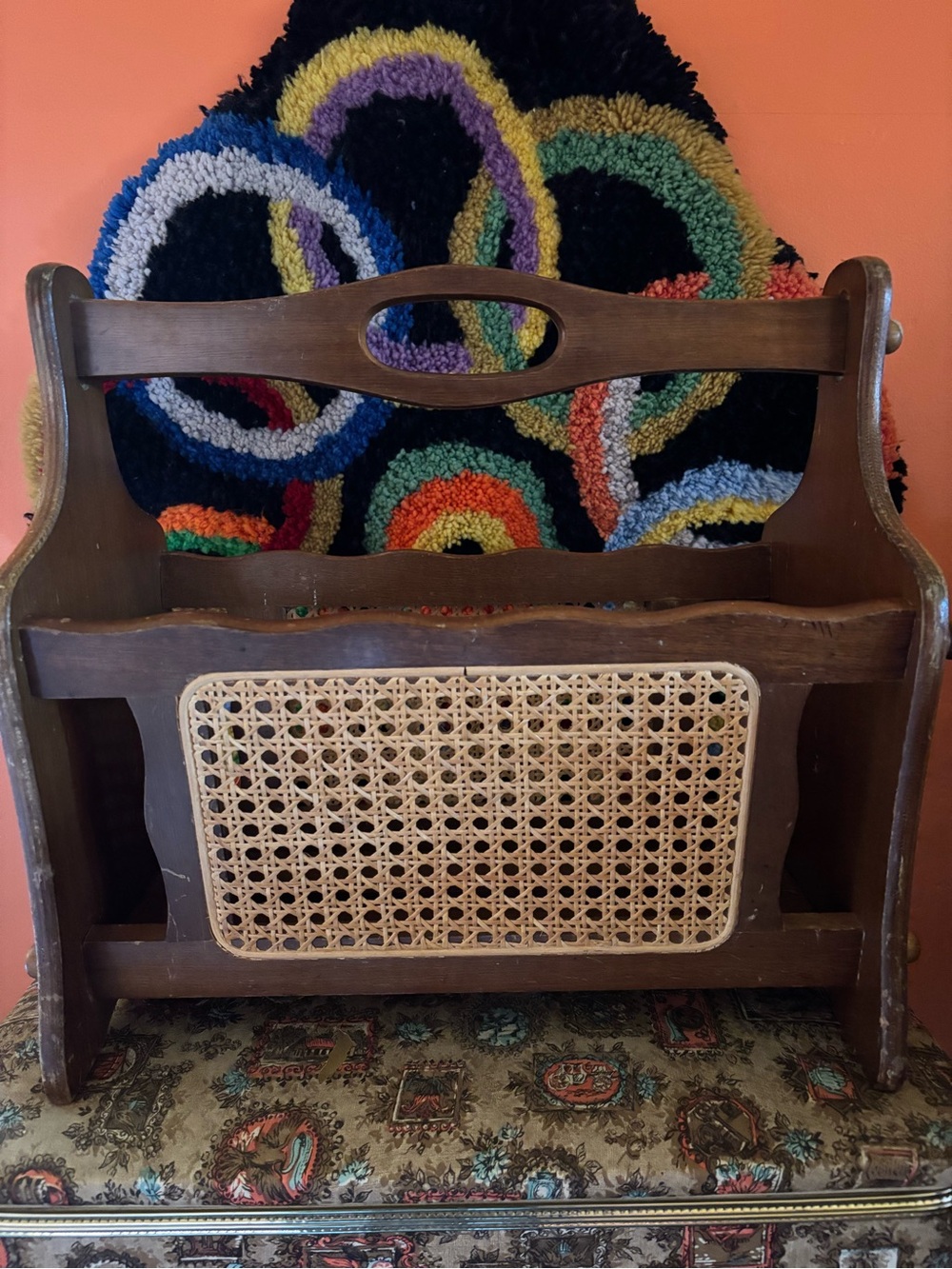 Vintage Wooden Cane/Woven Rattan Magazine Rack